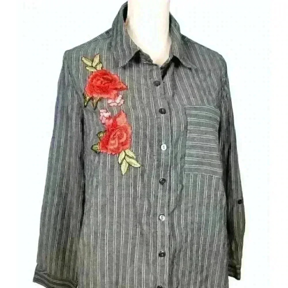 UNIQUE SPECTRUM Womans GRAY Blouse ROSES Applicate Lightweight Long Sleeve 1x 16 - Picture 4 of 8
